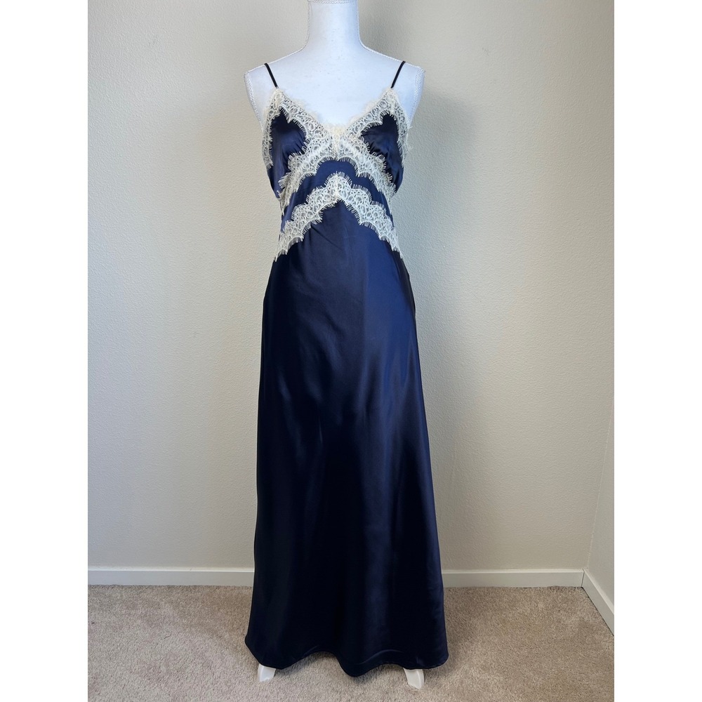 Sincerely Jules Satin Maxi Slip Dress Navy Blue Lace Trim Romantic Goth Boudoir